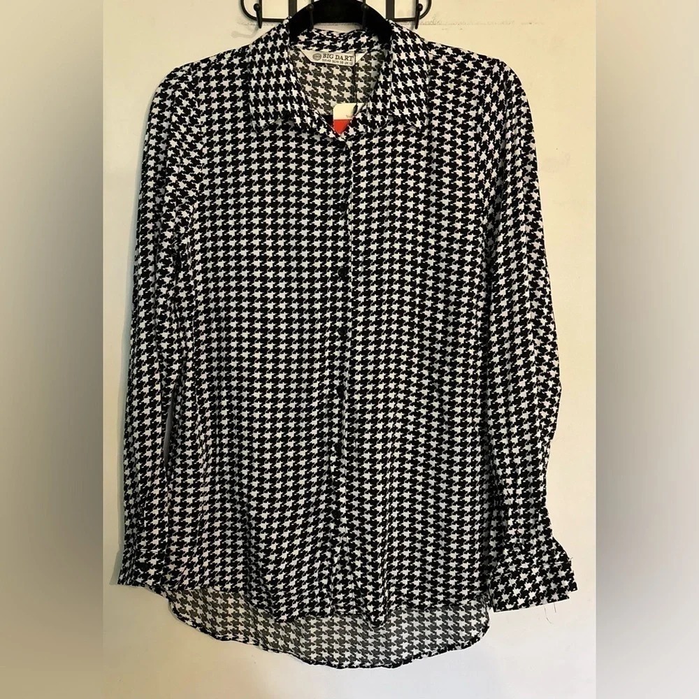 NWT Big Dart Womens Long Sleeve Button Down Houndstooth‎ 100% Viscose Top UK12